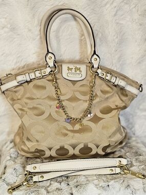 COACH Beige Signature Tote with Unbranded Gold Chain Charm
